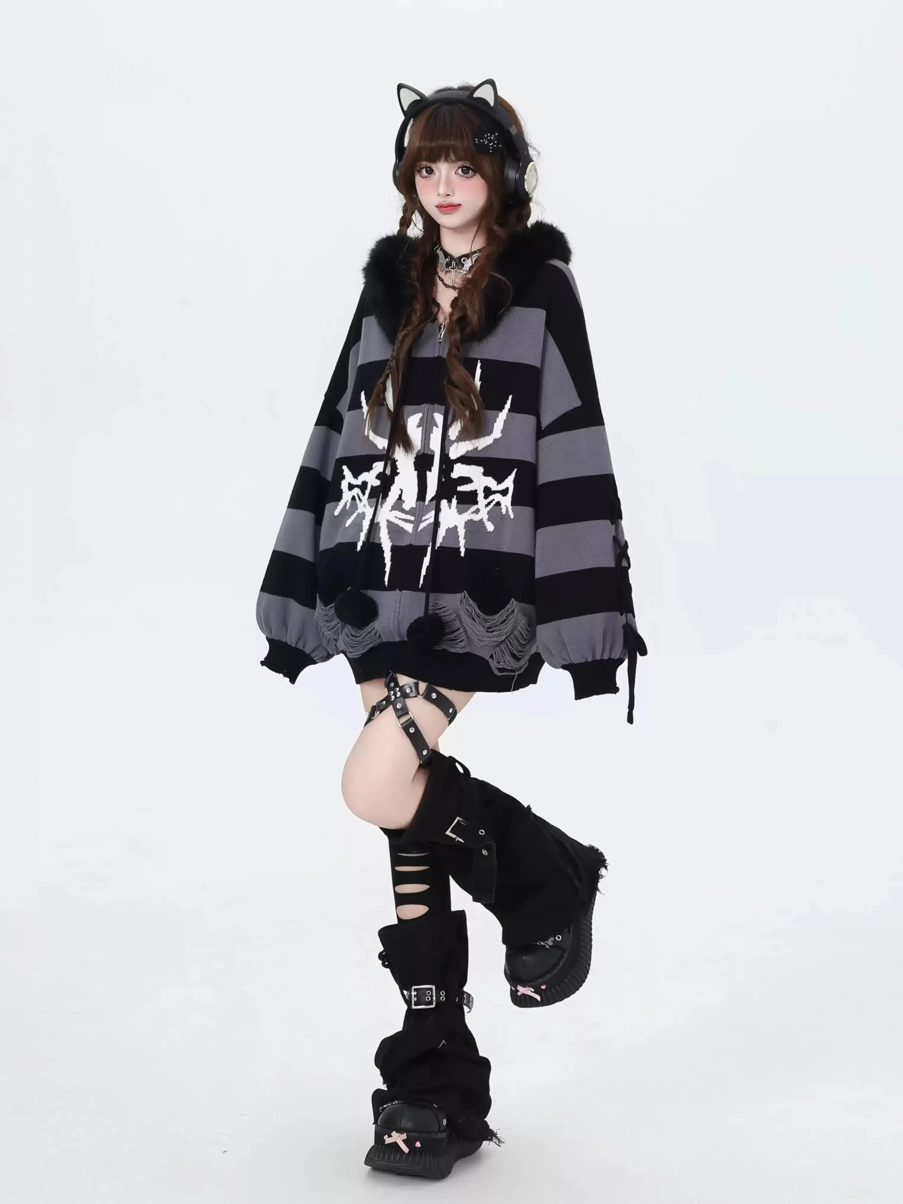 Crazy Girl Spider Punk Striped Gray Black White Purple Red Fur Jacket Hoodie