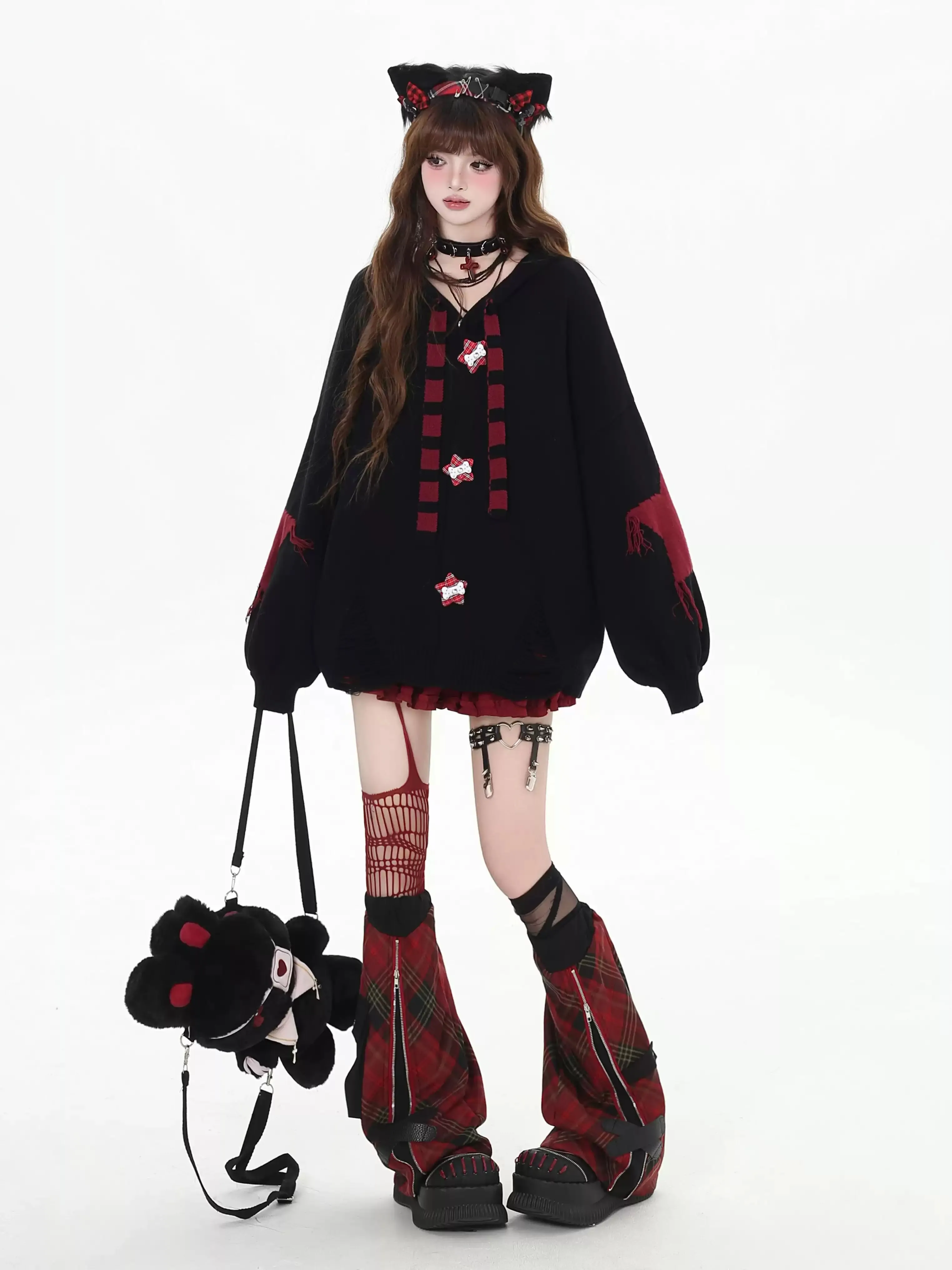 Crazy Girl Yabi Star Red Black Rabbit Ears Jacket Hoodie