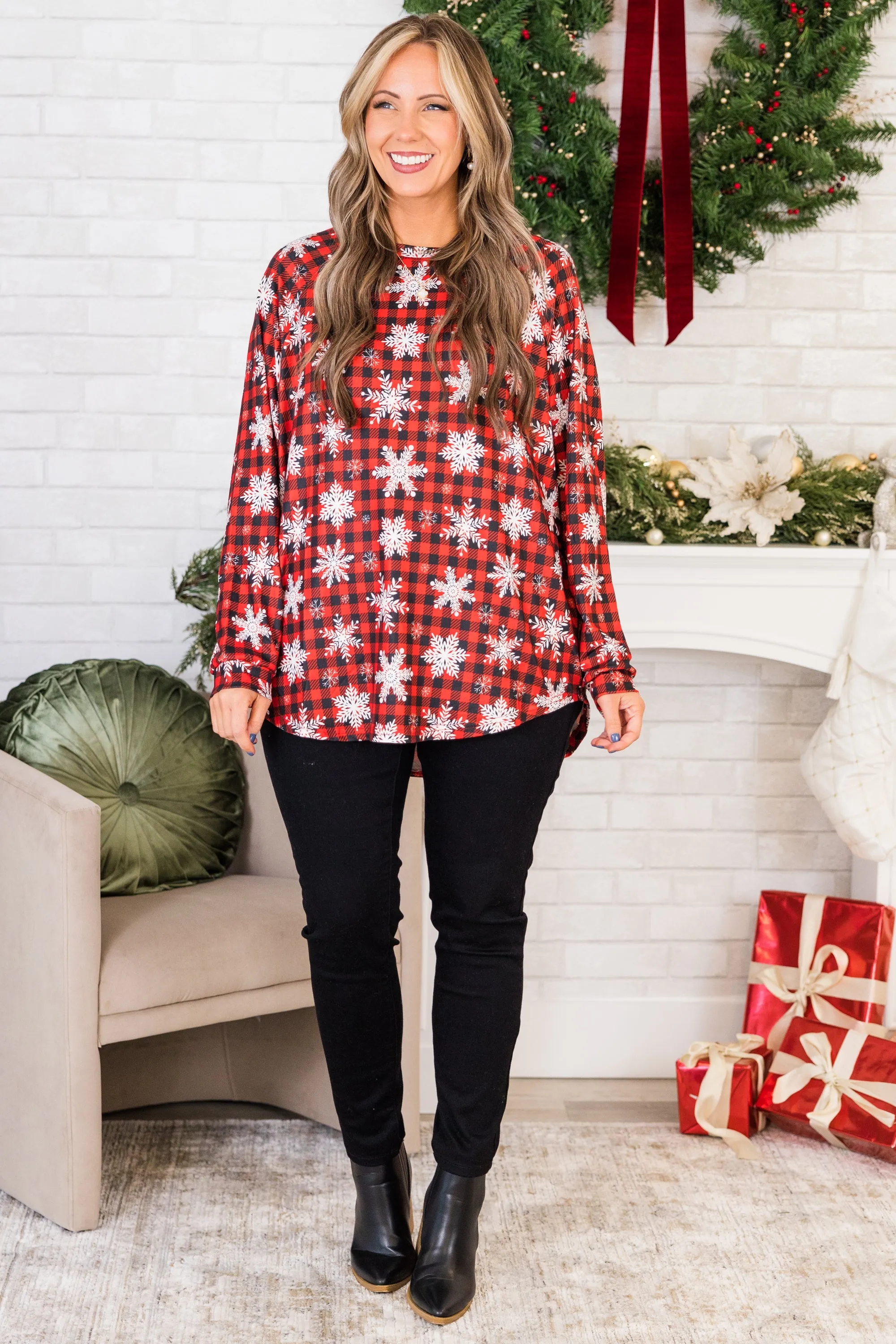 Curved Hem Slouchy Dolman Tunic, Festive Red