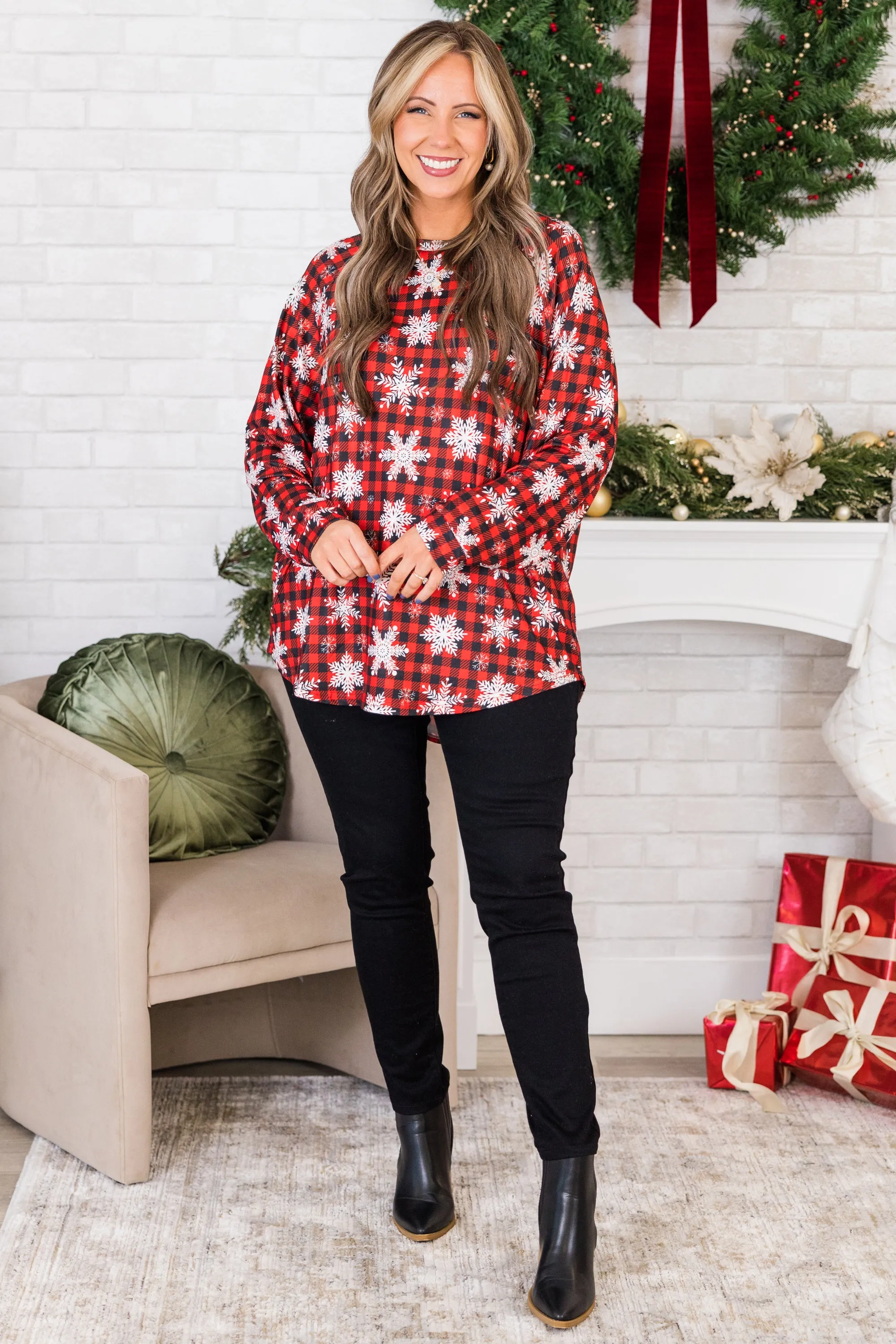 Curved Hem Slouchy Dolman Tunic, Festive Red