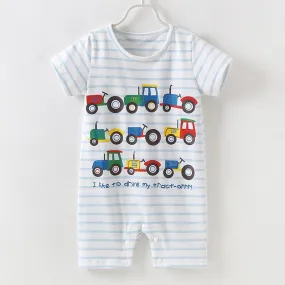Cute Baby Boys Onesie Cartoon Tractor Short-sleeved Bodysuit