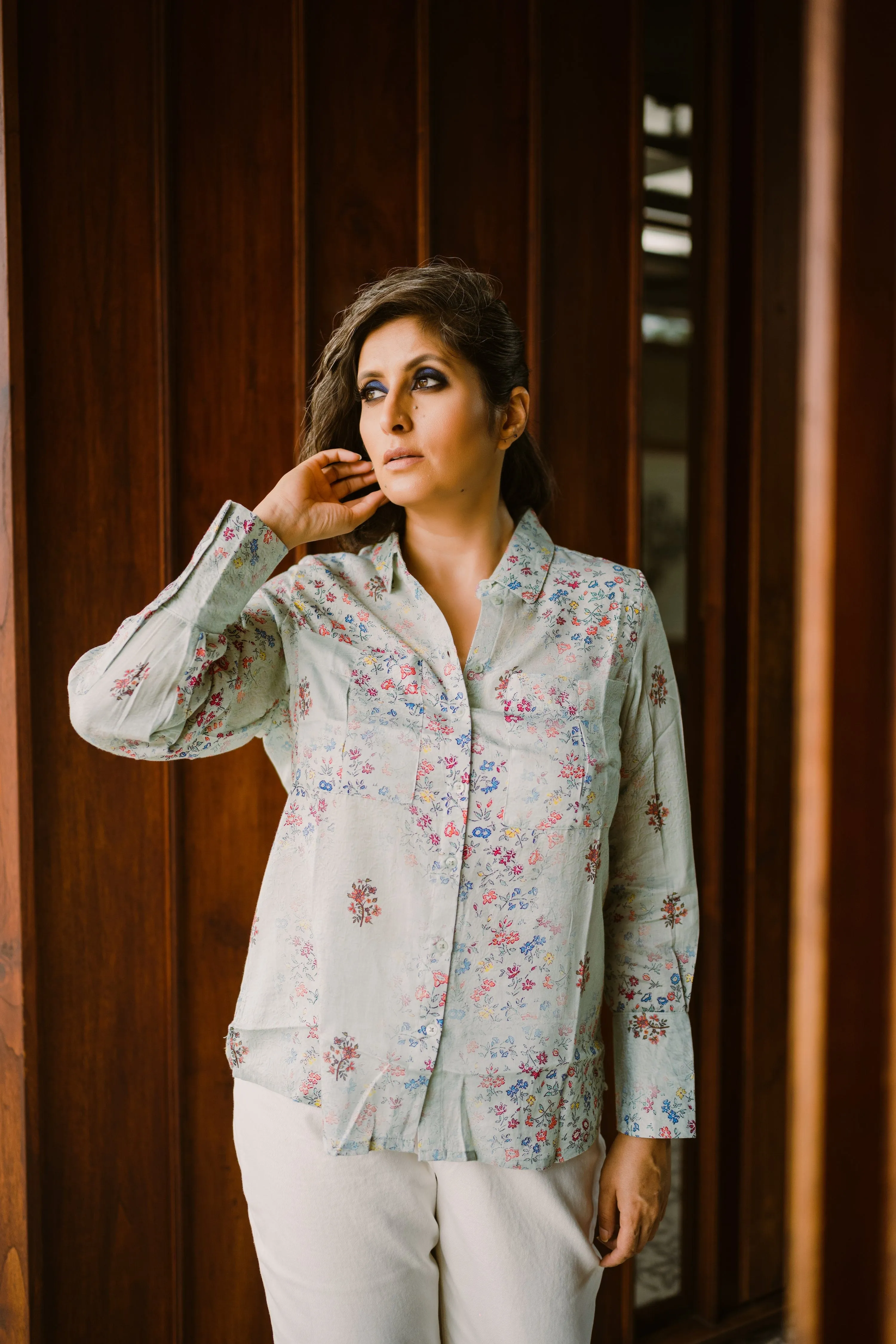 Cyan printed Shirt Top