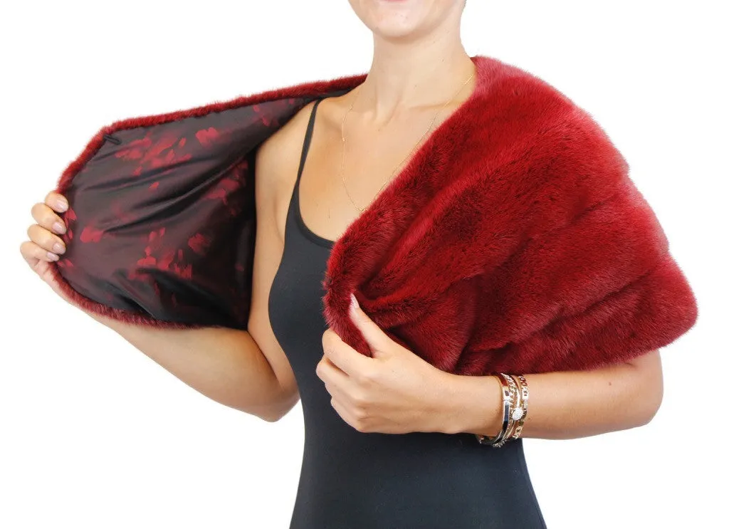 DARK RED DYED MINK FUR HORIZONTAL PLEATED CAPELET, BURGUNDY