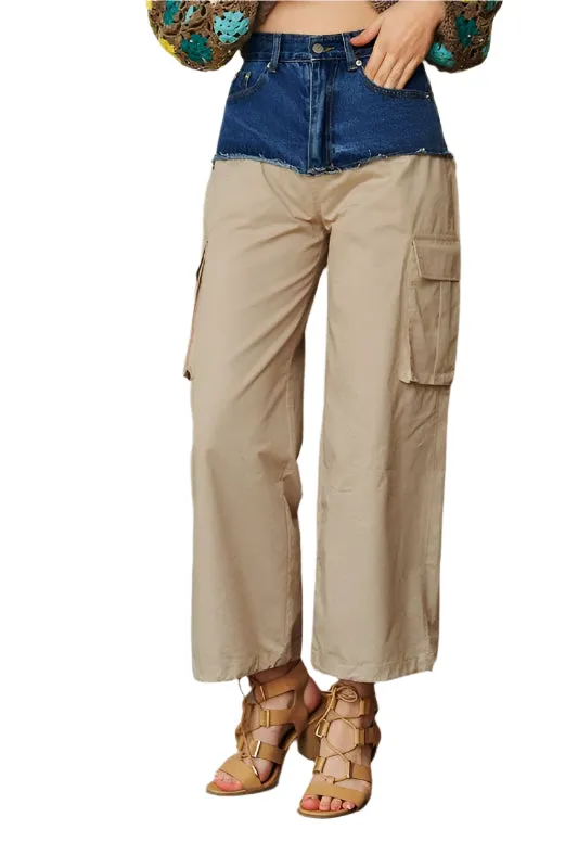 Davi & Dani Denim Patchwork Wide Leg Pants with Cargo Pockets