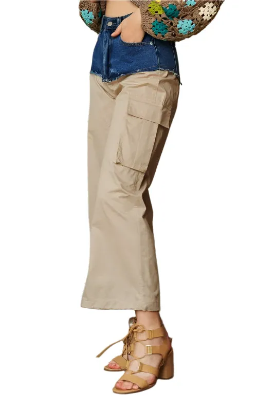 Davi & Dani Denim Patchwork Wide Leg Pants with Cargo Pockets