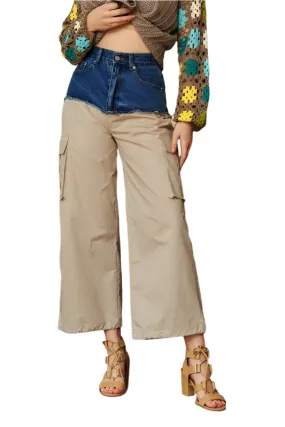 Davi & Dani Denim Patchwork Wide Leg Pants with Cargo Pockets