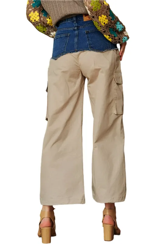 Davi & Dani Denim Patchwork Wide Leg Pants with Cargo Pockets