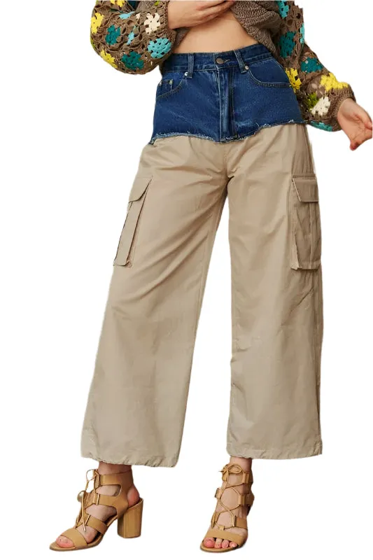 Davi & Dani Denim Patchwork Wide Leg Pants with Cargo Pockets
