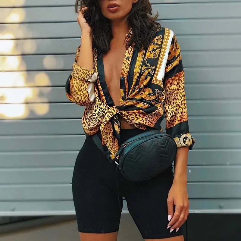 Elegant Loose Leopard Print Women Blouse