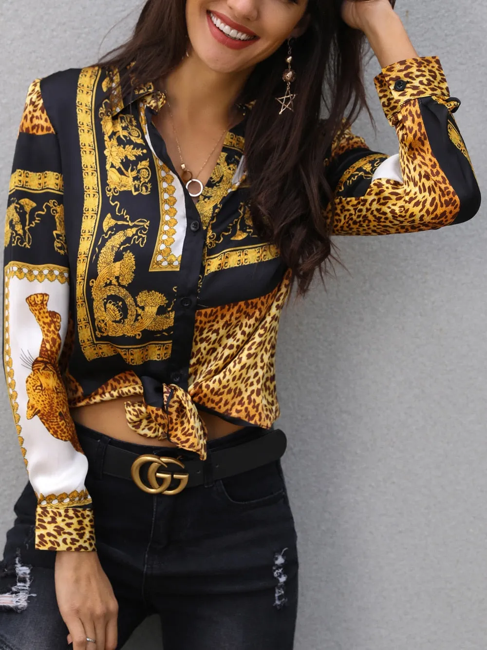 Elegant Loose Leopard Print Women Blouse