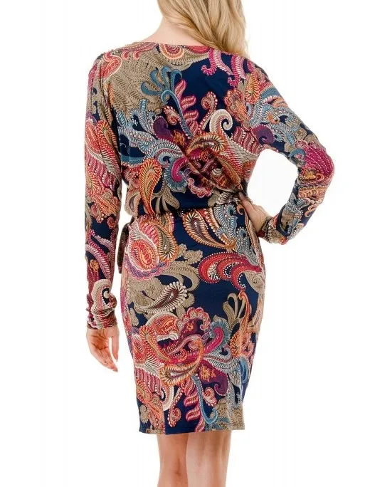 Faux Wrap Dress - Navy/Magenta