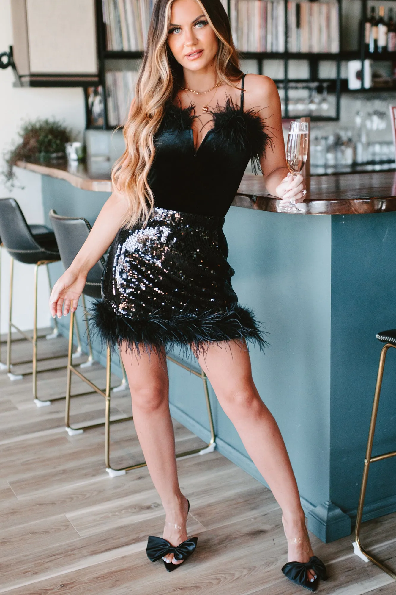 Feather Or Not NanaMacs Original Feather Trimmed Bodysuit (Black)