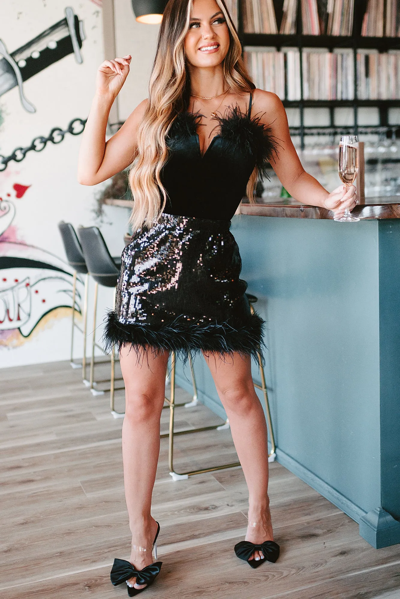 Feather Or Not NanaMacs Original Feather Trimmed Bodysuit (Black)