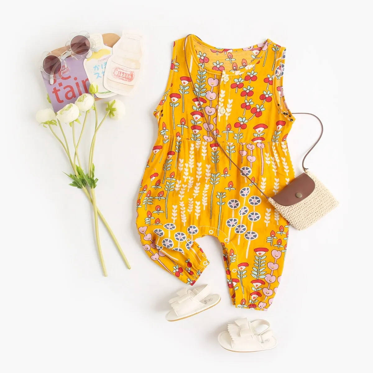 Floral Baby Girls Sleeveless Casual Cotton Jumpsuits