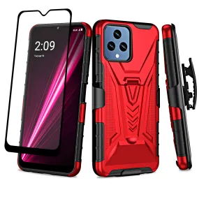 For T-Mobile REVVL 6 5G Case with Tempered Glass Screen Protector Heavy Duty Protective Phone Case,Built-in Kickstand Rugged Shockproof Protective Phone Case - Red