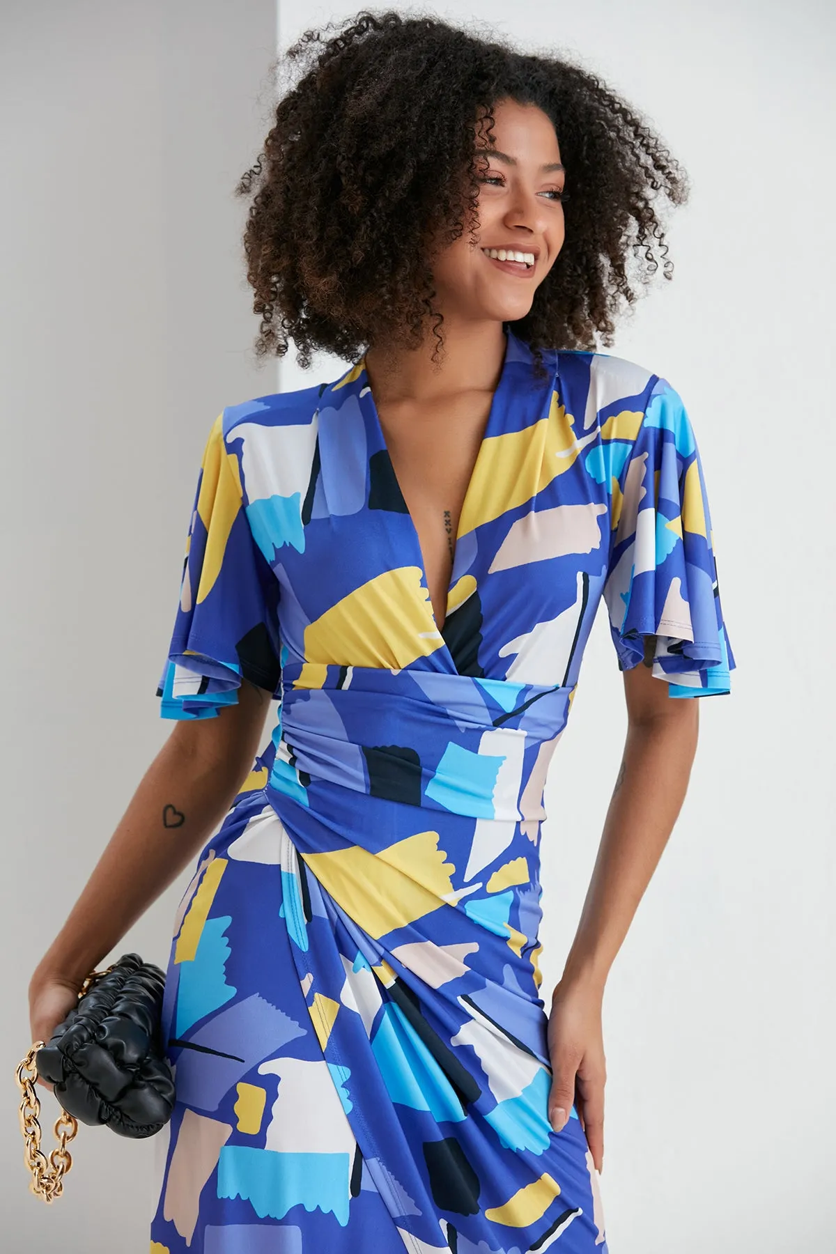 Forever Angel Sleeve Dress in Geometrical print