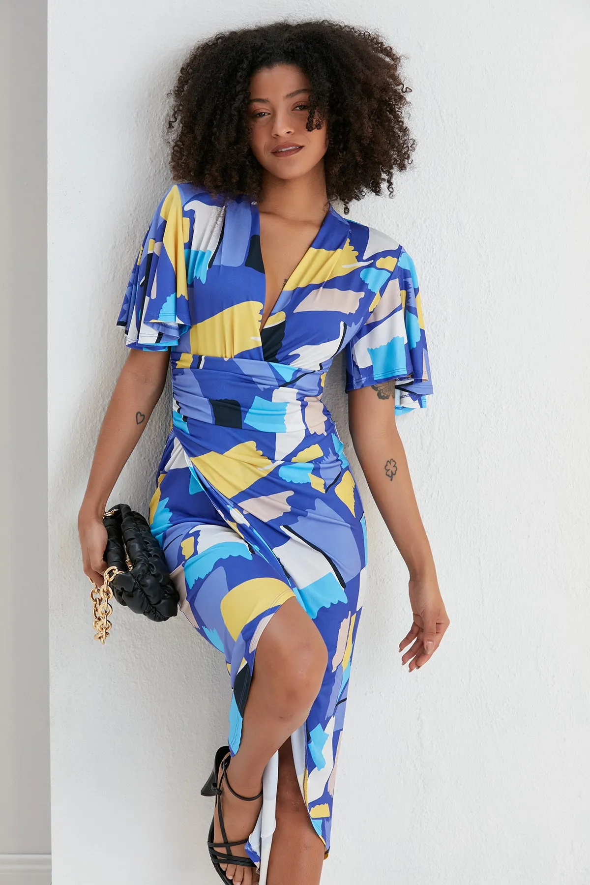 Forever Angel Sleeve Dress in Geometrical print