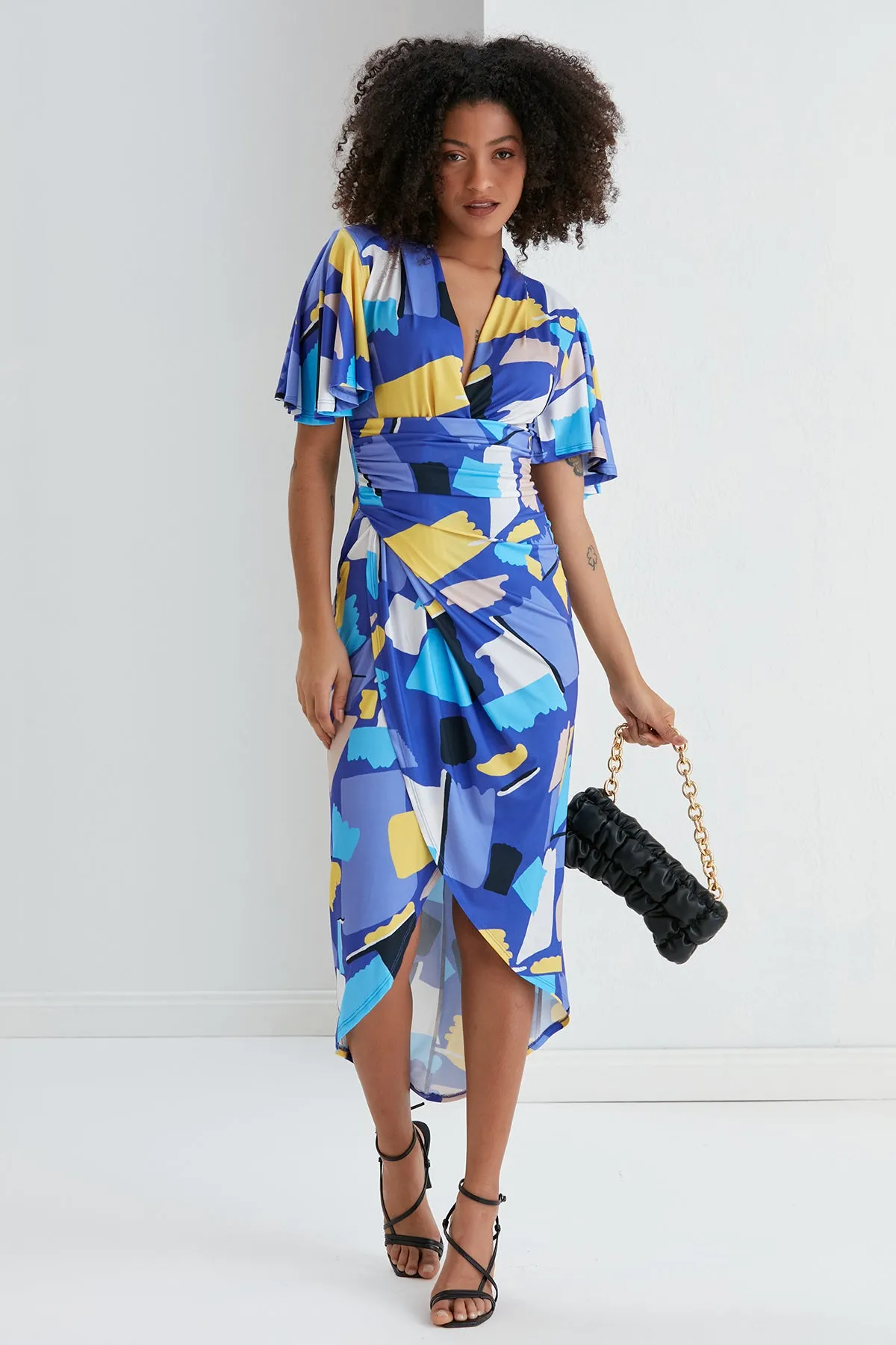 Forever Angel Sleeve Dress in Geometrical print
