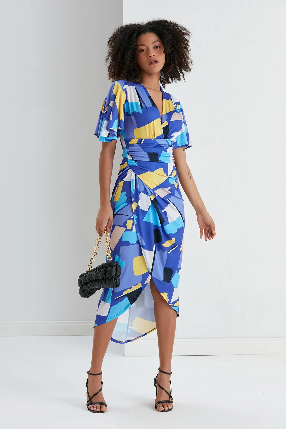 Forever Angel Sleeve Dress in Geometrical print