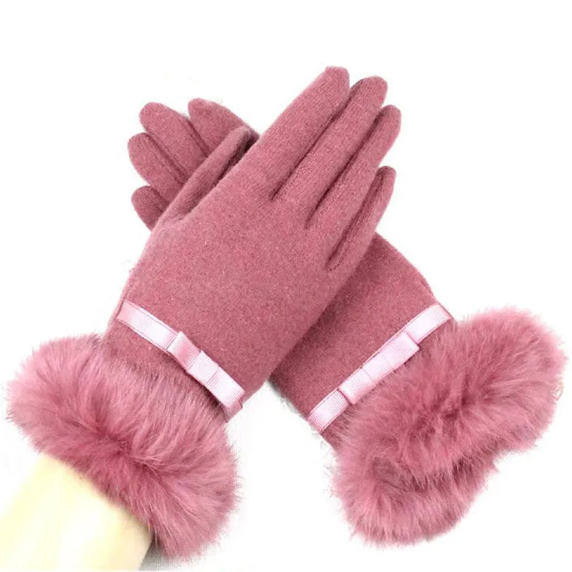 Fur Ribbon Tie Wrist Gloves
