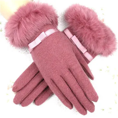 Fur Ribbon Tie Wrist Gloves