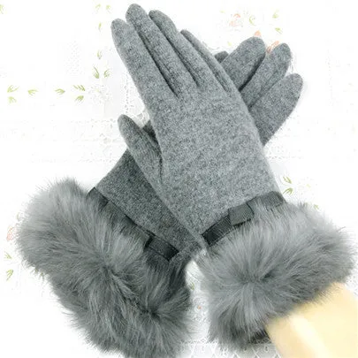 Fur Ribbon Tie Wrist Gloves