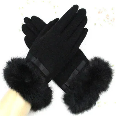 Fur Ribbon Tie Wrist Gloves