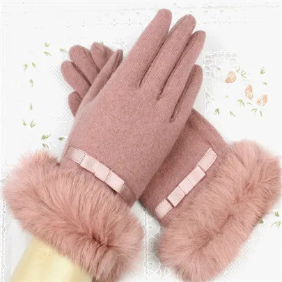 Fur Ribbon Tie Wrist Gloves