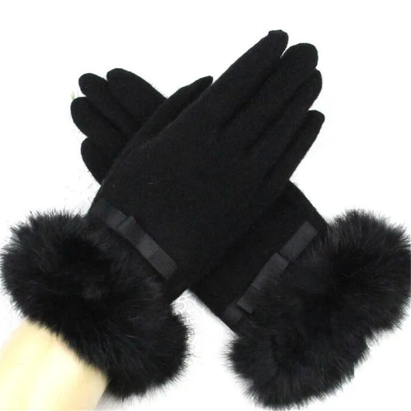 Fur Ribbon Tie Wrist Gloves