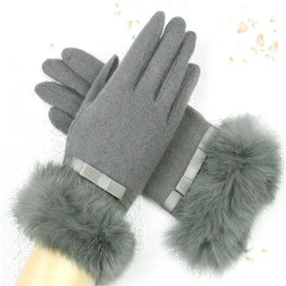 Fur Ribbon Tie Wrist Gloves