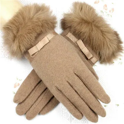 Fur Ribbon Tie Wrist Gloves