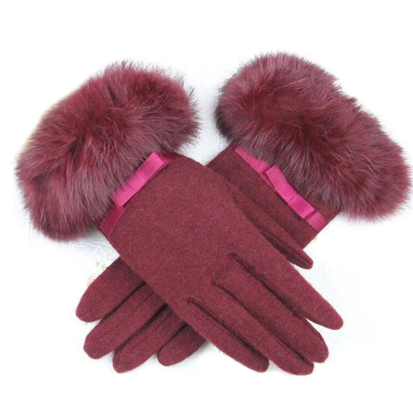 Fur Ribbon Tie Wrist Gloves