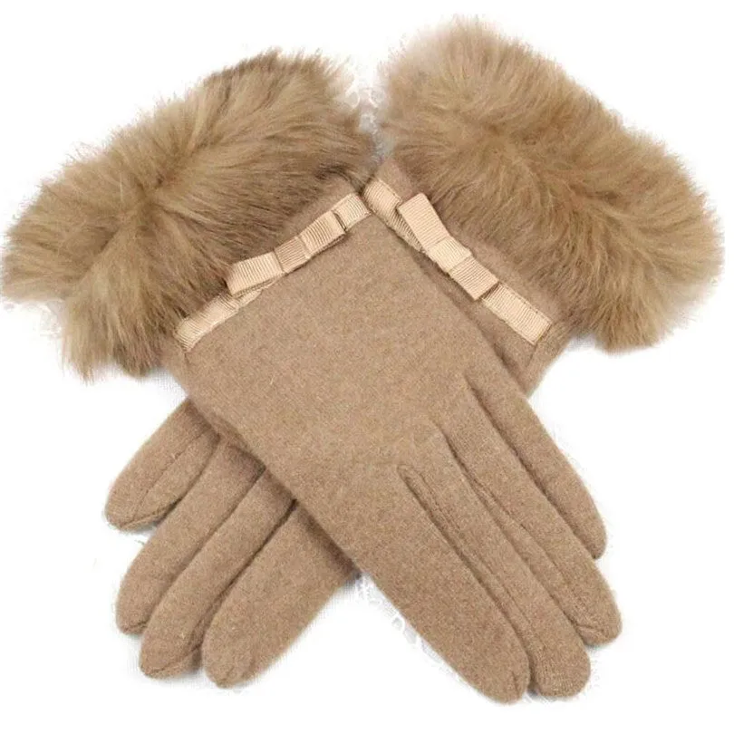 Fur Ribbon Tie Wrist Gloves