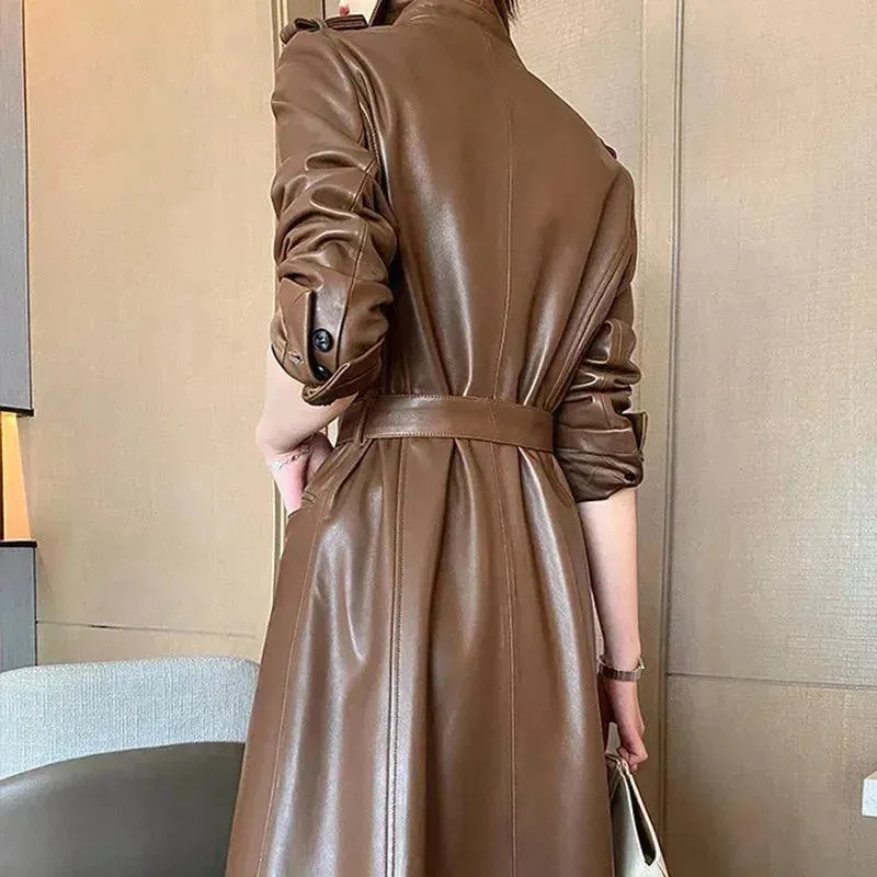 Genuine Leather Women's Trench Overcoat