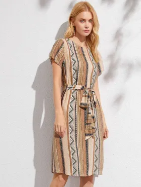 Geo Print Belted Tunic Dress