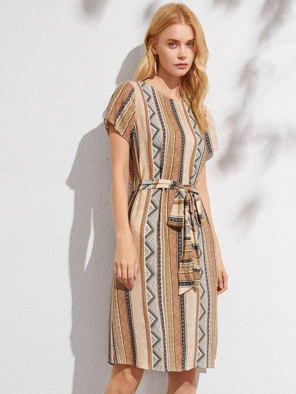 Geo Print Belted Tunic Dress