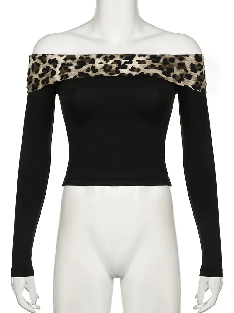 Girlary Leopard Print Patchwork Crop Top for Women Y2K Aesthetics Of Shoulder Long Sleeve T Shirts Grunge Fairycore Clothes
