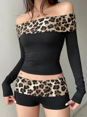 Girlary Leopard Print Patchwork Crop Top for Women Y2K Aesthetics Of Shoulder Long Sleeve T Shirts Grunge Fairycore Clothes