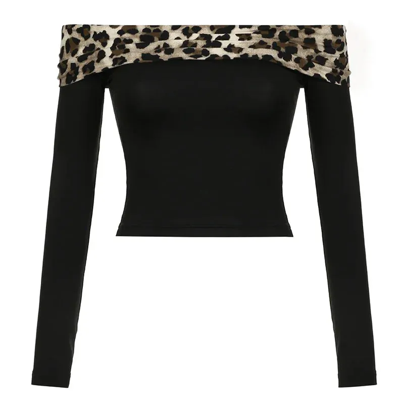 Girlary Leopard Print Patchwork Crop Top for Women Y2K Aesthetics Of Shoulder Long Sleeve T Shirts Grunge Fairycore Clothes