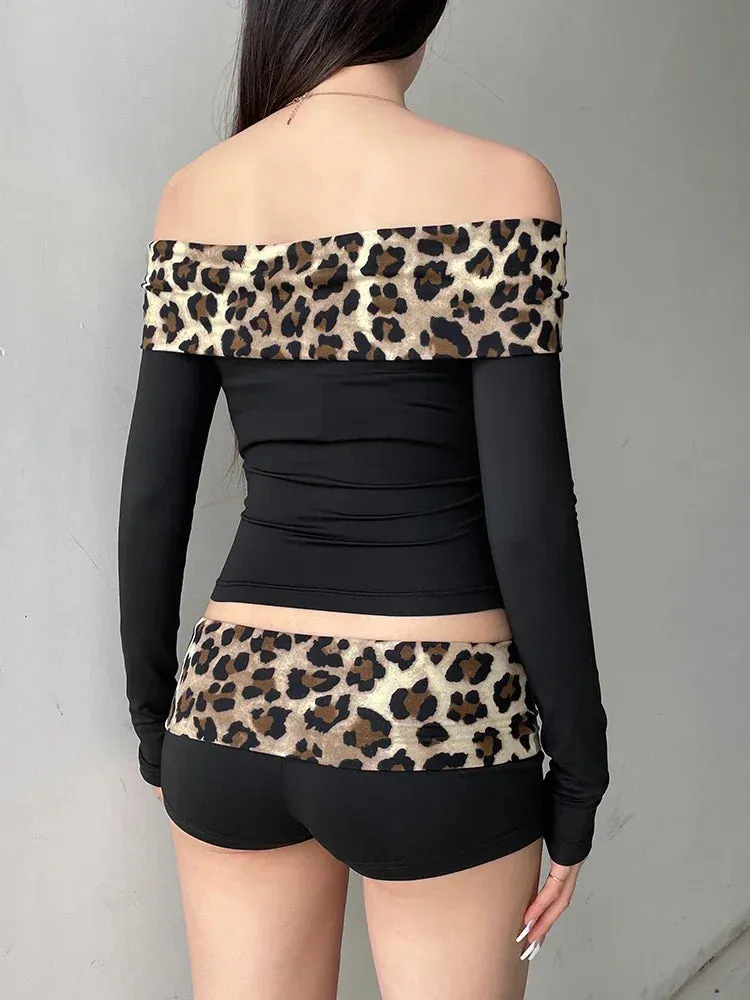 Girlary Leopard Print Patchwork Crop Top for Women Y2K Aesthetics Of Shoulder Long Sleeve T Shirts Grunge Fairycore Clothes