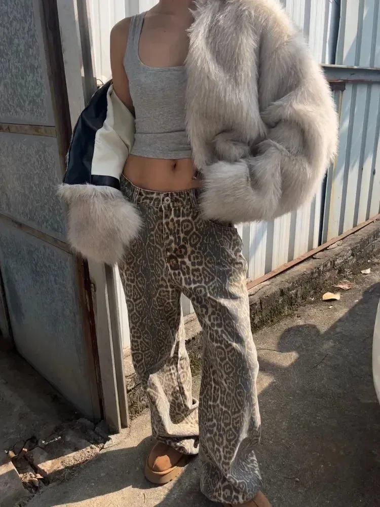 Girlary Vintage Leopard Print Jeans Women Hip Hop Y2k Streetwear Denim Baggy Trousers Grunge Wide Leg Aesthetic Jeans Oversized