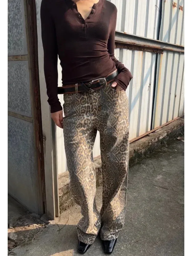 Girlary Vintage Leopard Print Jeans Women Hip Hop Y2k Streetwear Denim Baggy Trousers Grunge Wide Leg Aesthetic Jeans Oversized