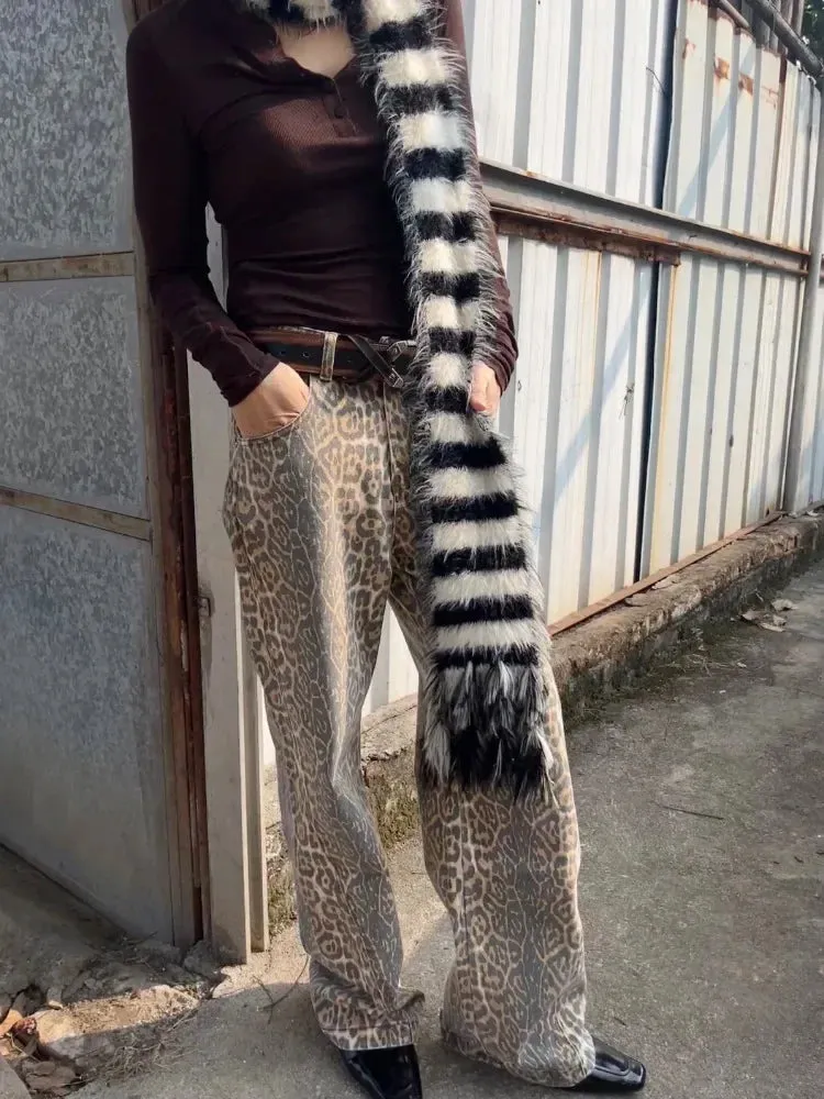 Girlary Vintage Leopard Print Jeans Women Hip Hop Y2k Streetwear Denim Baggy Trousers Grunge Wide Leg Aesthetic Jeans Oversized
