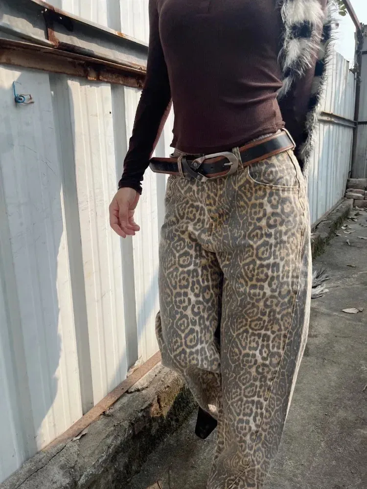 Girlary Vintage Leopard Print Jeans Women Hip Hop Y2k Streetwear Denim Baggy Trousers Grunge Wide Leg Aesthetic Jeans Oversized