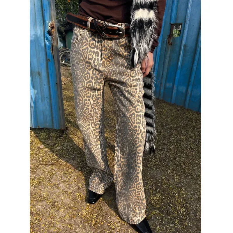 Girlary Vintage Leopard Print Jeans Women Hip Hop Y2k Streetwear Denim Baggy Trousers Grunge Wide Leg Aesthetic Jeans Oversized