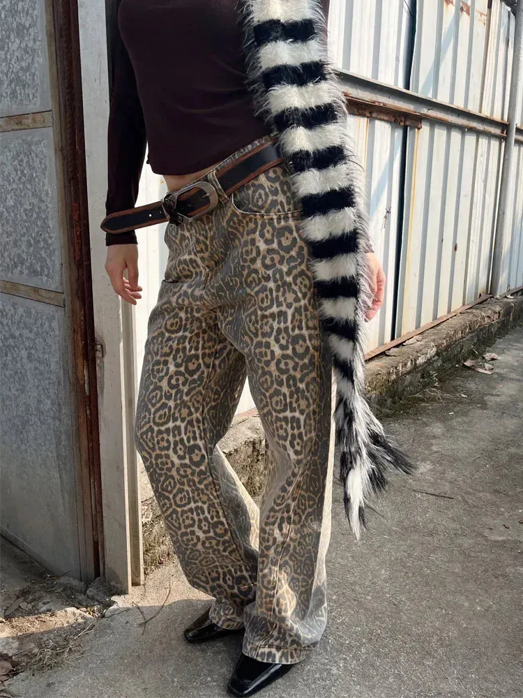 Girlary Vintage Leopard Print Jeans Women Hip Hop Y2k Streetwear Denim Baggy Trousers Grunge Wide Leg Aesthetic Jeans Oversized