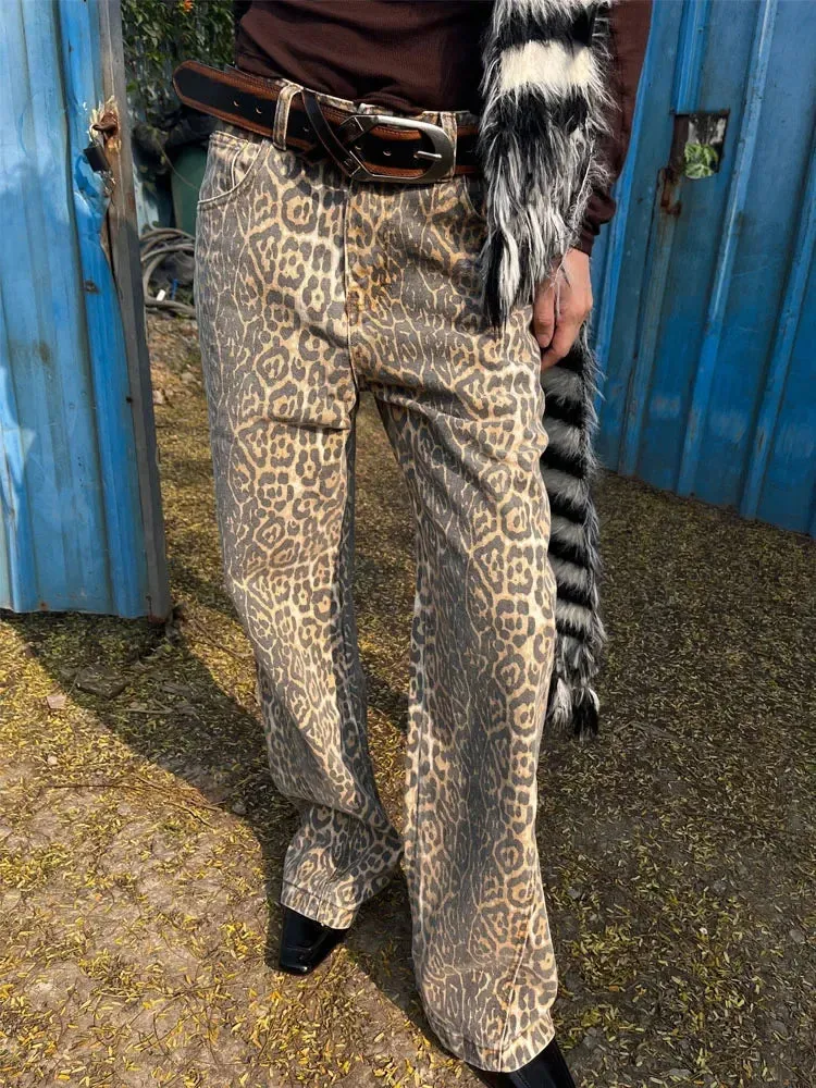 Girlary Vintage Leopard Print Jeans Women Hip Hop Y2k Streetwear Denim Baggy Trousers Grunge Wide Leg Aesthetic Jeans Oversized