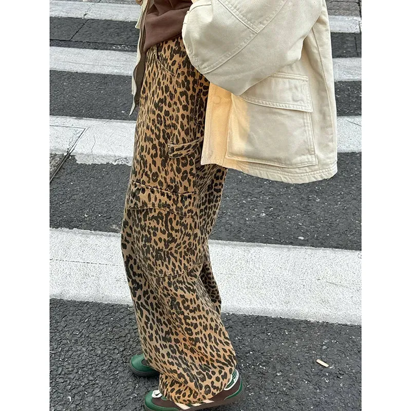 Girlary Women Jeans Baggy Vintage High Waist Leopard Print Pants Harajuku Denim Trousers 90s Y2k Emo 2000s Trashy Grunge Clothes 2024