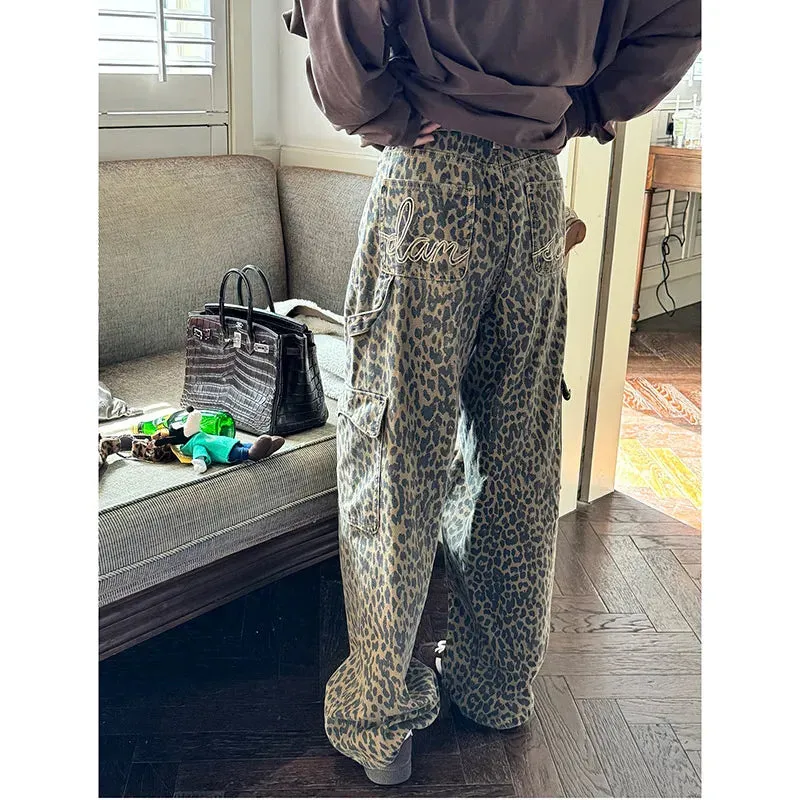 Girlary Women Jeans Baggy Vintage High Waist Leopard Print Pants Harajuku Denim Trousers 90s Y2k Emo 2000s Trashy Grunge Clothes 2024