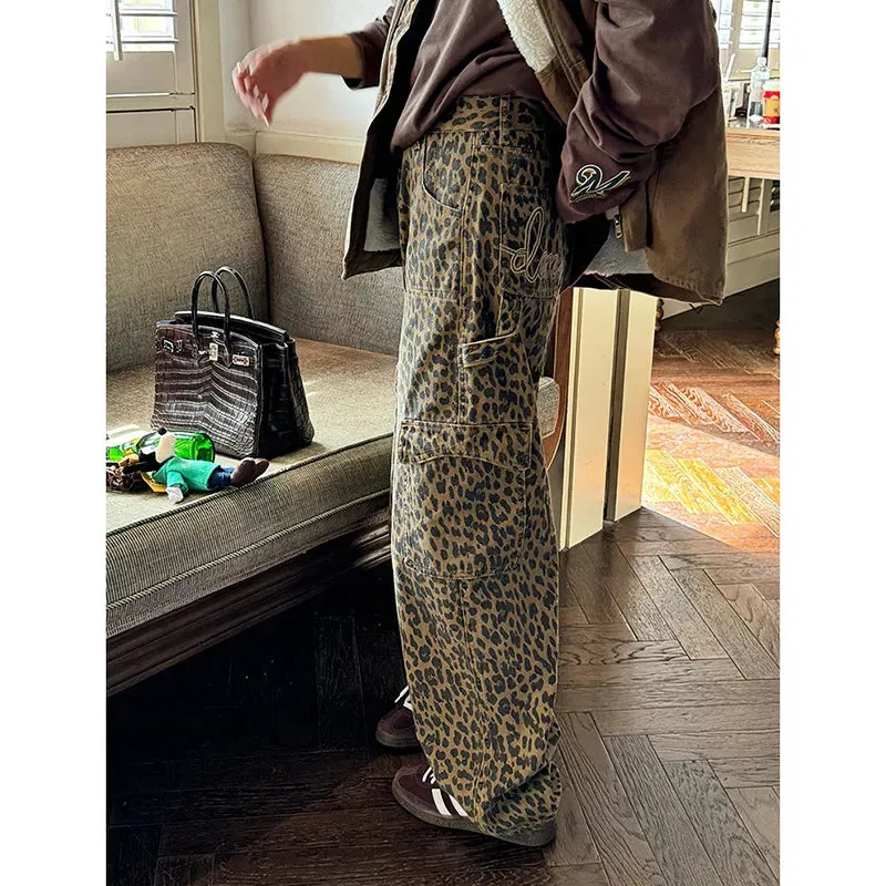 Girlary Women Jeans Baggy Vintage High Waist Leopard Print Pants Harajuku Denim Trousers 90s Y2k Emo 2000s Trashy Grunge Clothes 2024